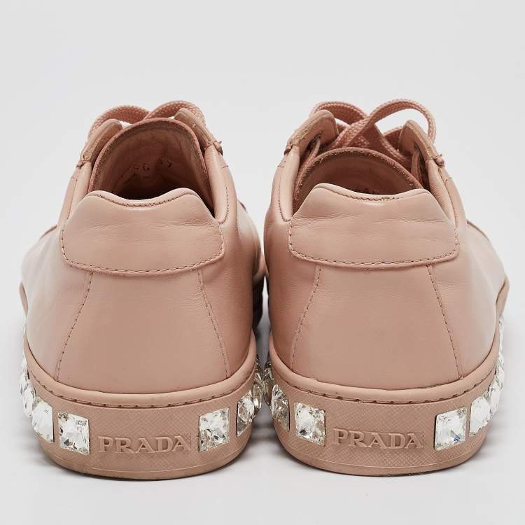 Pre Owned Prada Pink Leather Crystal Embellished Low Top Sneakers Size 37