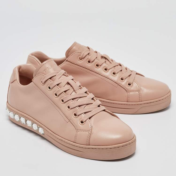 Pre Owned Prada Pink Leather Crystal Embellished Low Top Sneakers Size 37