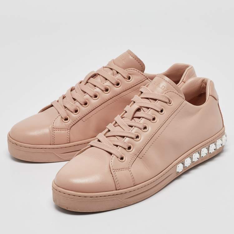 Pre Owned Prada Pink Leather Crystal Embellished Low Top Sneakers Size 37