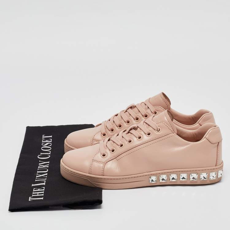 Pre Owned Prada Pink Leather Crystal Embellished Low Top Sneakers Size 37