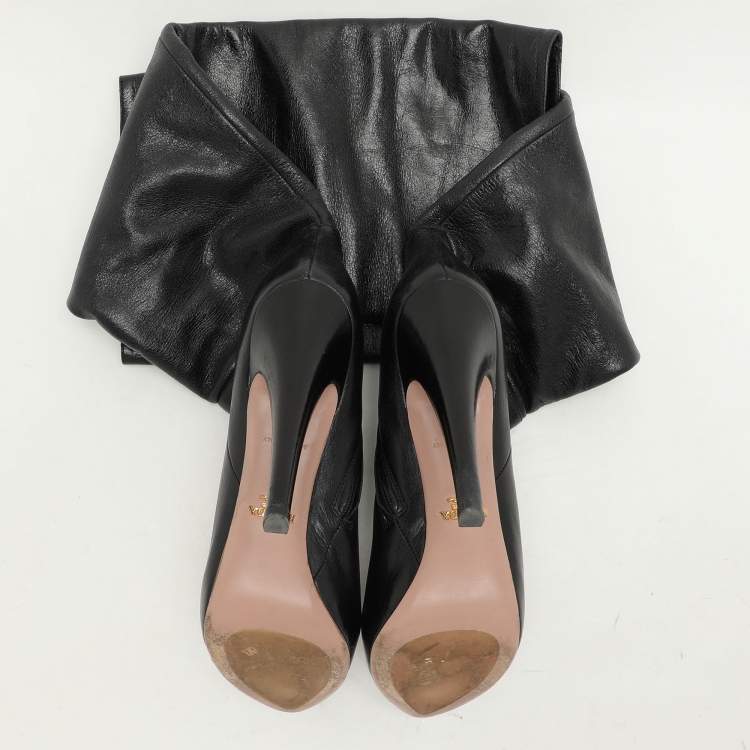 Pre Owned Prada Black Leather Knee Length Boots Size 37