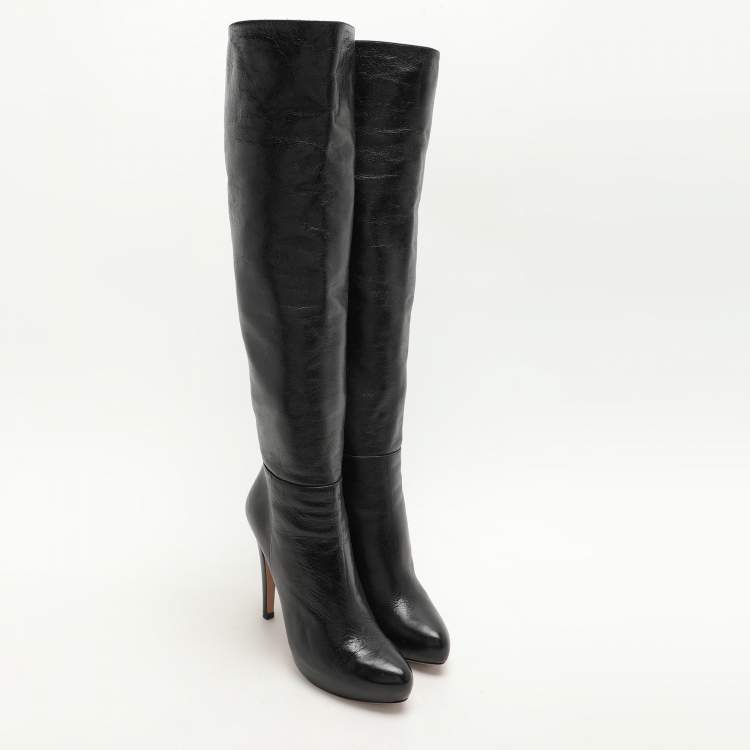 Pre Owned Prada Black Leather Knee Length Boots Size 37