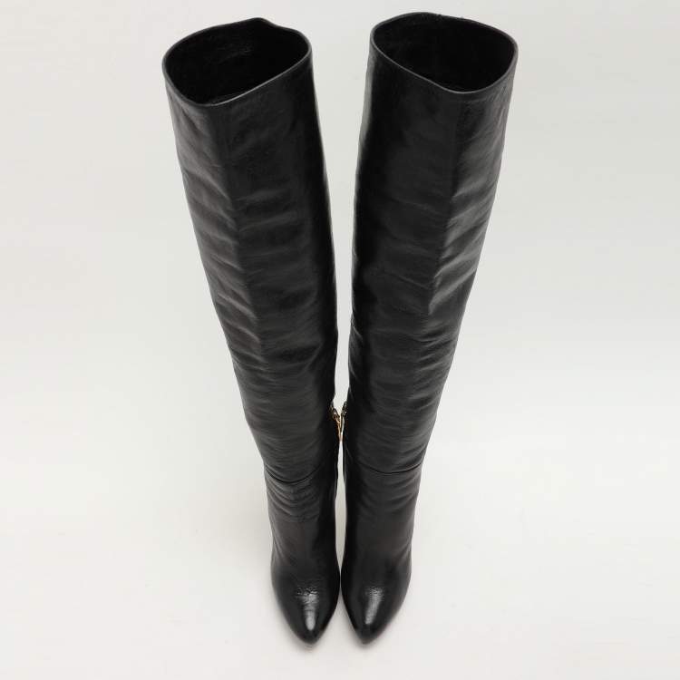 Pre Owned Prada Black Leather Knee Length Boots Size 37
