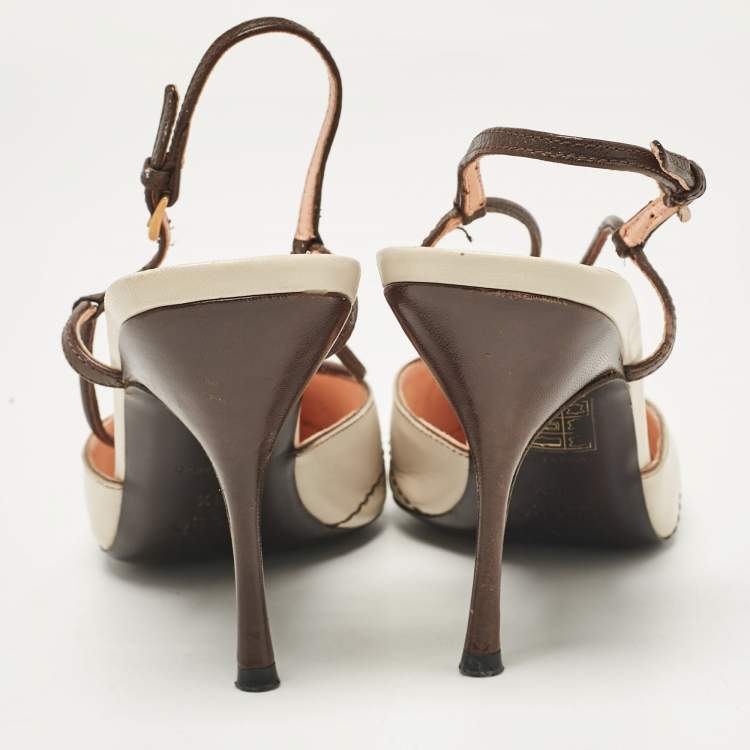 Pre Owned Prada Brown/Beige Leather Slingback Pumps Size 38.5