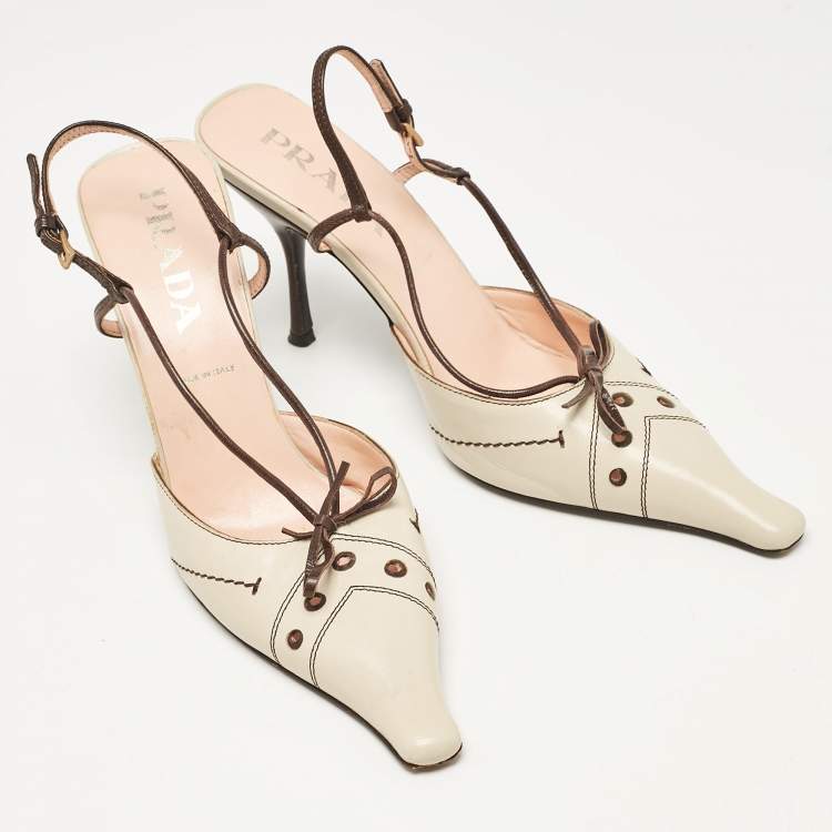 Pre Owned Prada Brown/Beige Leather Slingback Pumps Size 38.5