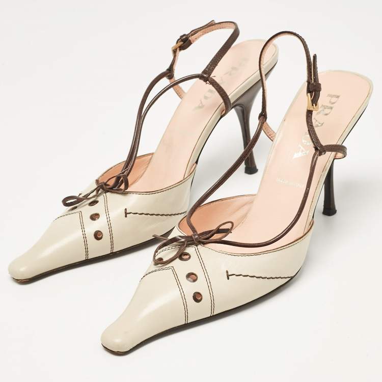 Pre Owned Prada Brown/Beige Leather Slingback Pumps Size 38.5