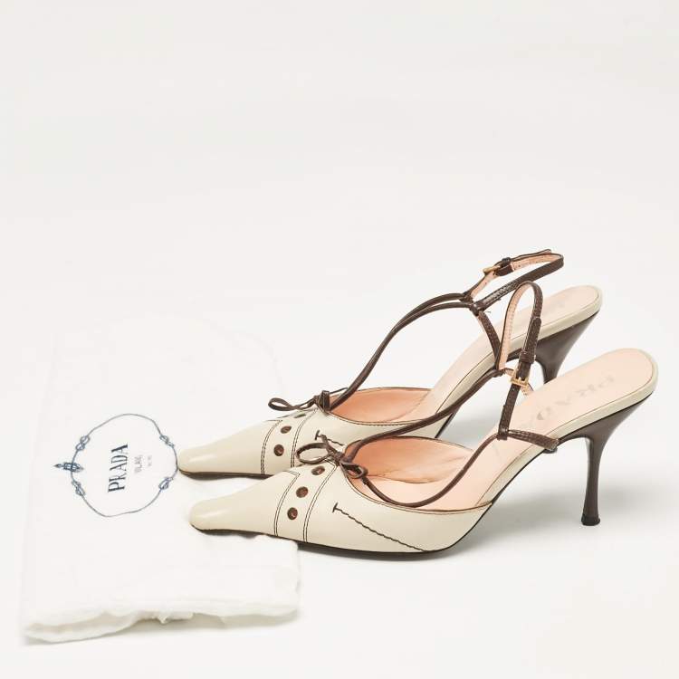 Pre Owned Prada Brown/Beige Leather Slingback Pumps Size 38.5