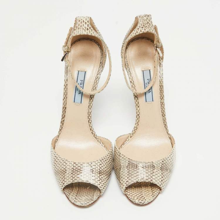 Pre Owned Prada Beige/Brown Karung Leather Ankle Strap Sandals Size 36.5