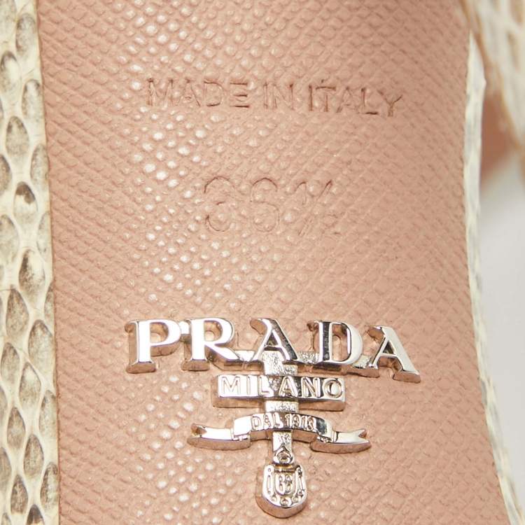 Pre Owned Prada Beige/Brown Karung Leather Ankle Strap Sandals Size 36.5