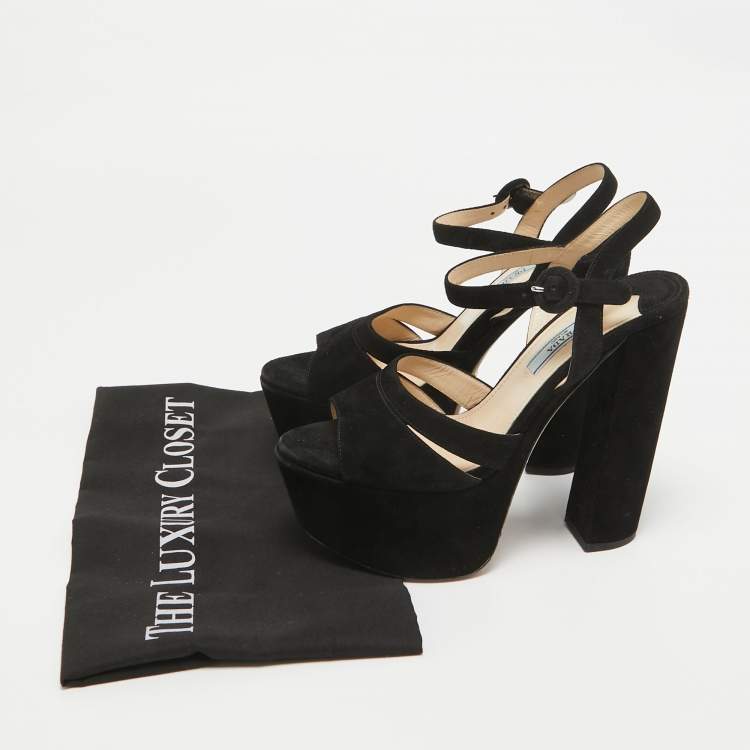 Pre Owned Prada Black Suede Ankle Strap Platform Block Heel Sandals Size 36