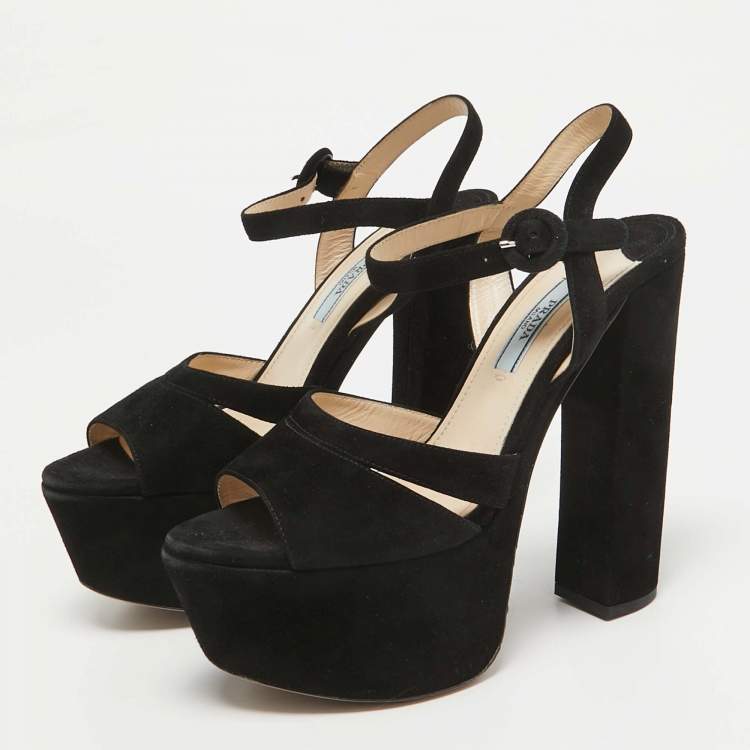 Pre Owned Prada Black Suede Ankle Strap Platform Block Heel Sandals Size 36