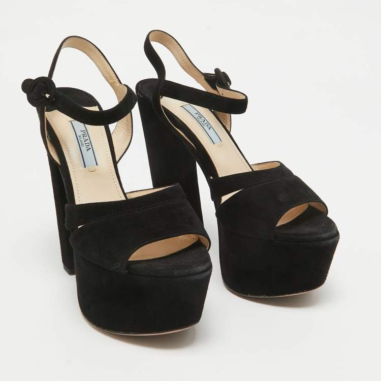 Pre Owned Prada Black Suede Ankle Strap Platform Block Heel Sandals Size 36