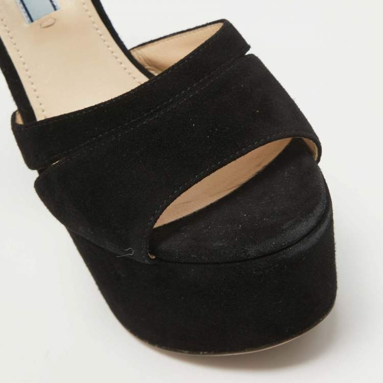 Pre Owned Prada Black Suede Ankle Strap Platform Block Heel Sandals Size 36