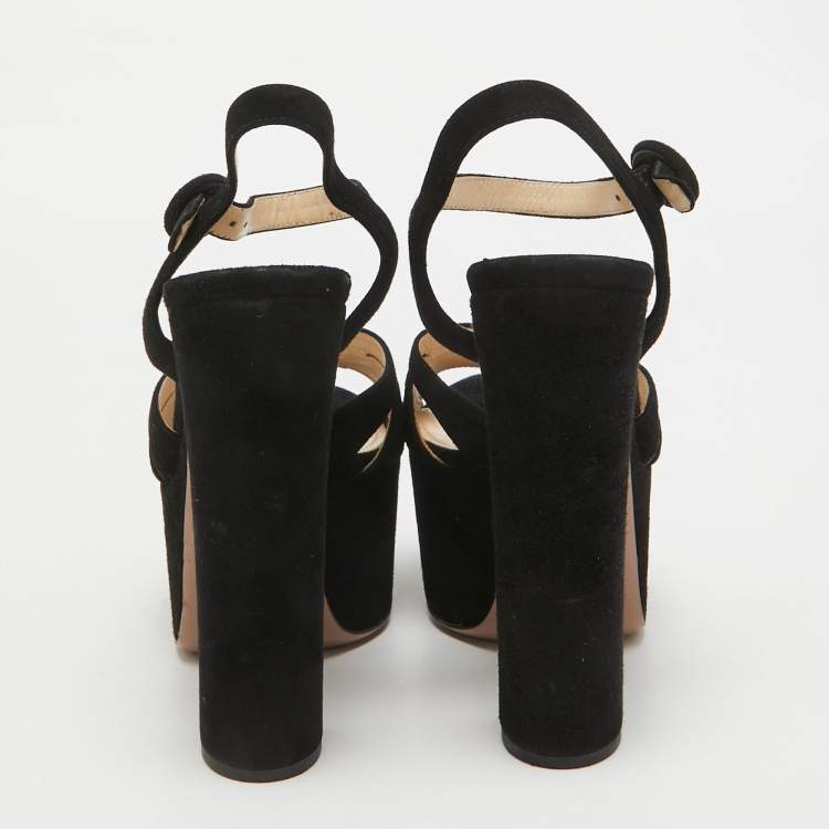 Pre Owned Prada Black Suede Ankle Strap Platform Block Heel Sandals Size 36