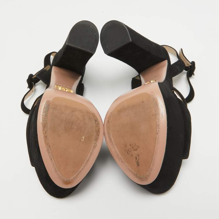 Pre Owned Prada Black Suede Ankle Strap Platform Block Heel Sandals Size 36