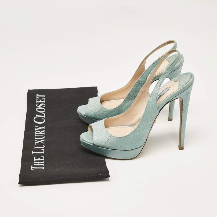 Pre Owned Prada Light Blue Embossed Python Platform Slingback Sandals Size 37