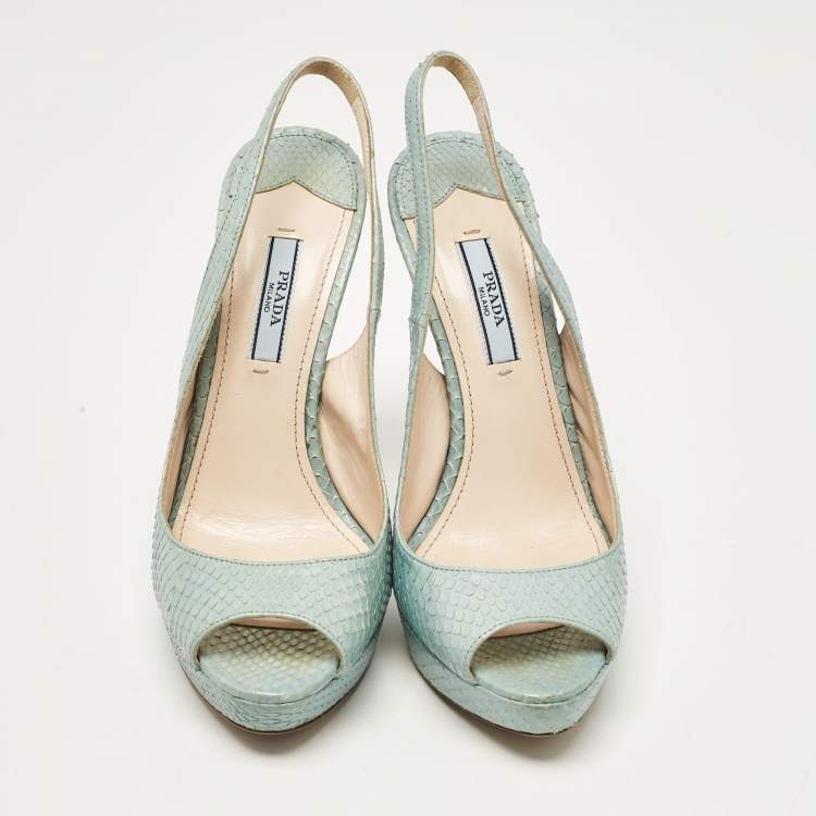 Pre Owned Prada Light Blue Embossed Python Platform Slingback Sandals Size 37