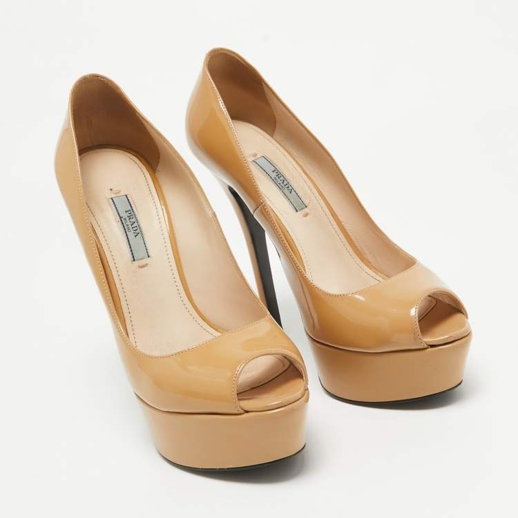 Pre Owned Prada Beige Patent Leather Peep Toe Platform Pumps Size 39
