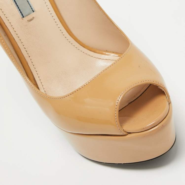 Pre Owned Prada Beige Patent Leather Peep Toe Platform Pumps Size 39