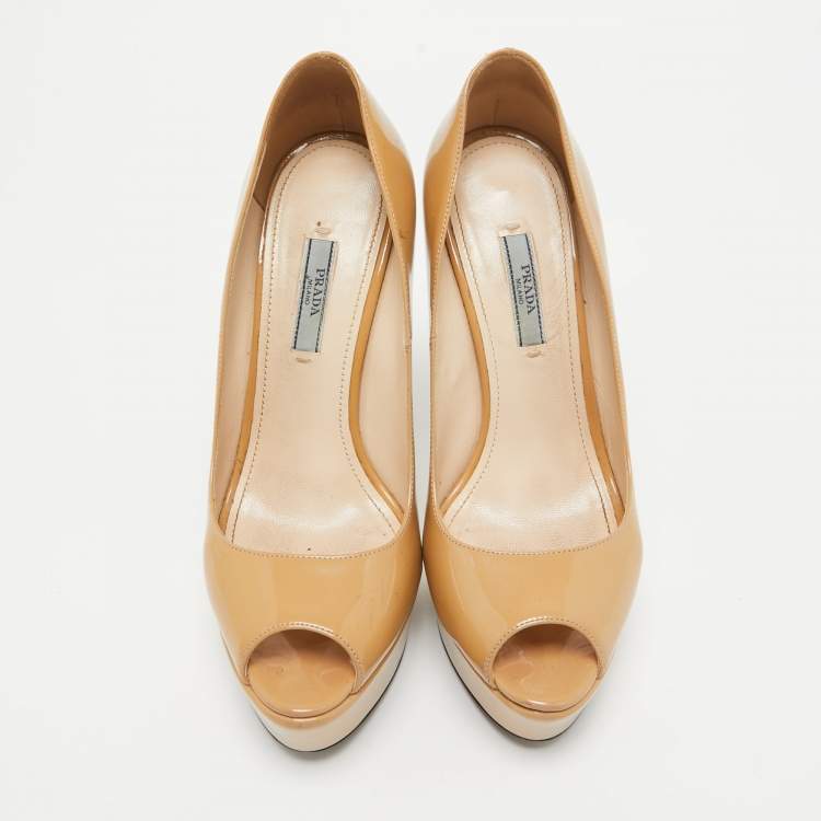 Pre Owned Prada Beige Patent Leather Peep Toe Platform Pumps Size 39