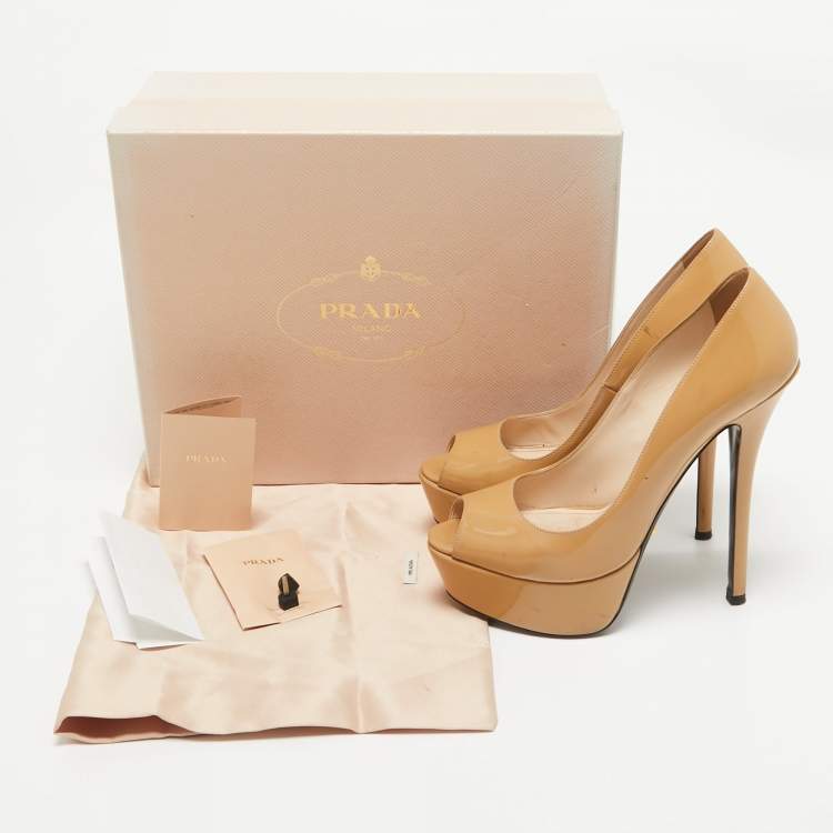 Pre Owned Prada Beige Patent Leather Peep Toe Platform Pumps Size 39