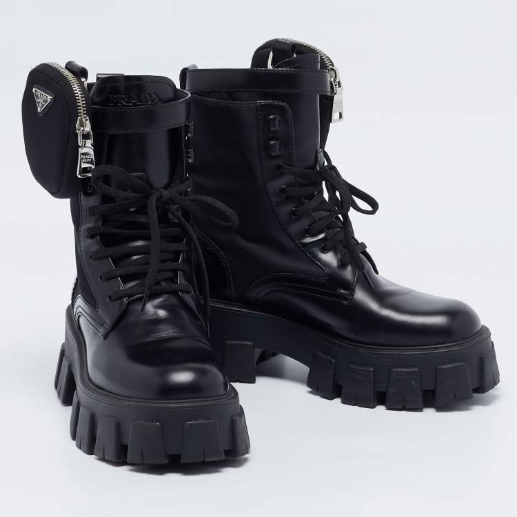 Pre Owned Prada Black Leather and Nylon Monolith Combat Boots Size 36.5