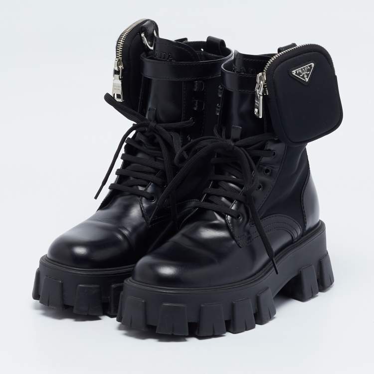 Pre Owned Prada Black Leather and Nylon Monolith Combat Boots Size 36.5