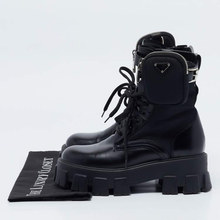 Pre Owned Prada Black Leather and Nylon Monolith Combat Boots Size 36.5