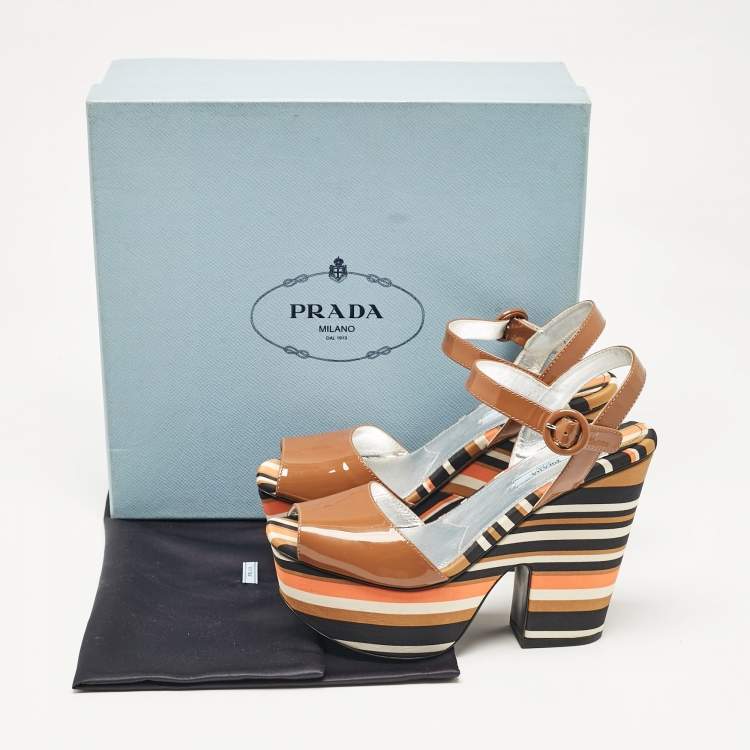 Pre Owned Prada Multicolor Fabric and Patent Leather Platform Sandals Size 40