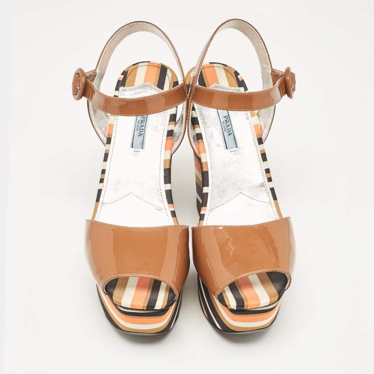 Pre Owned Prada Multicolor Fabric and Patent Leather Platform Sandals Size 40