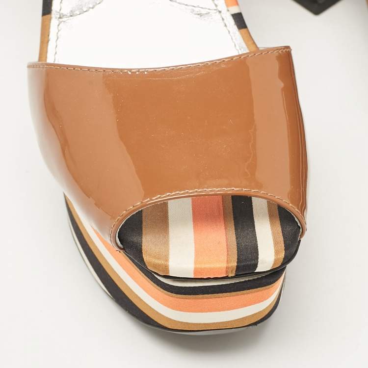 Pre Owned Prada Multicolor Fabric and Patent Leather Platform Sandals Size 40
