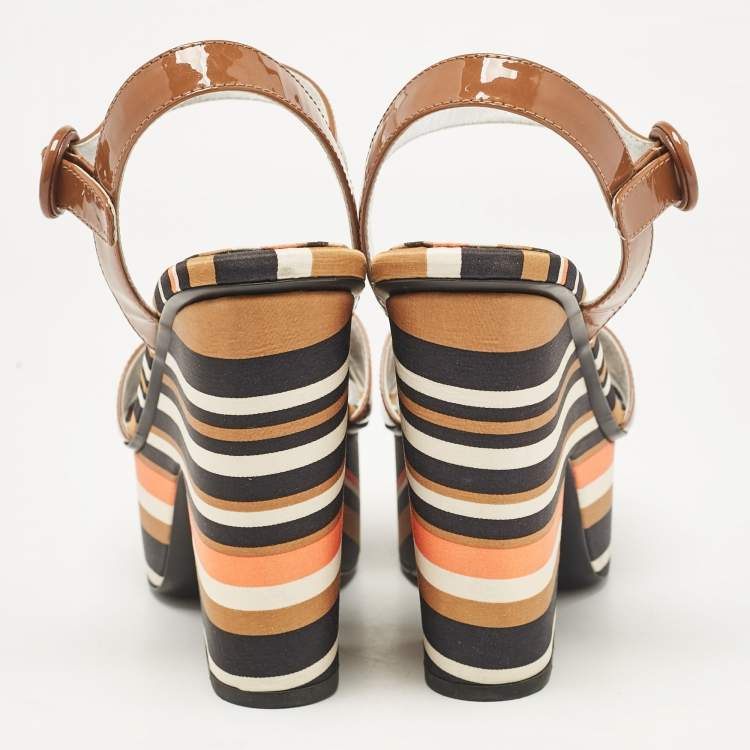 Pre Owned Prada Multicolor Fabric and Patent Leather Platform Sandals Size 40