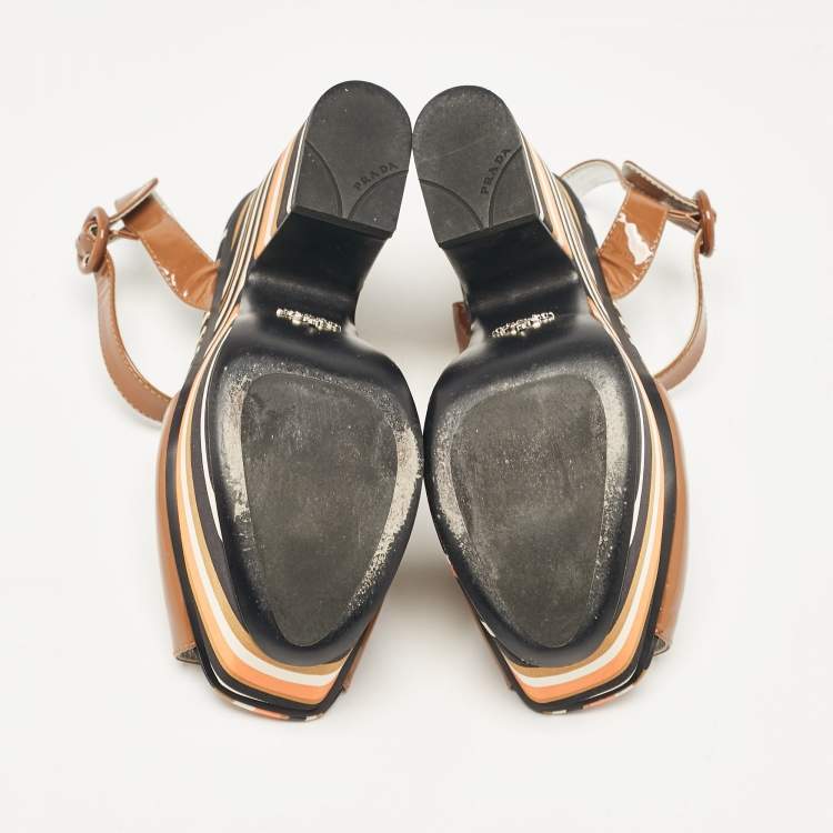 Pre Owned Prada Multicolor Fabric and Patent Leather Platform Sandals Size 40