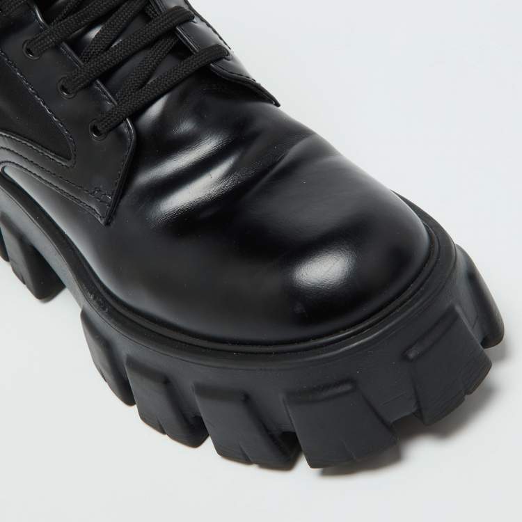 Pre Owned Prada Black Leather and Nylon Monolith Ankle Boots Size 38.5
