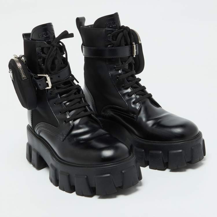 Pre Owned Prada Black Leather and Nylon Monolith Ankle Boots Size 38.5
