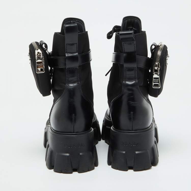 Pre Owned Prada Black Leather and Nylon Monolith Ankle Boots Size 38.5