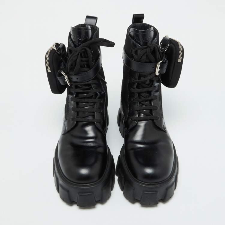 Pre Owned Prada Black Leather and Nylon Monolith Ankle Boots Size 38.5