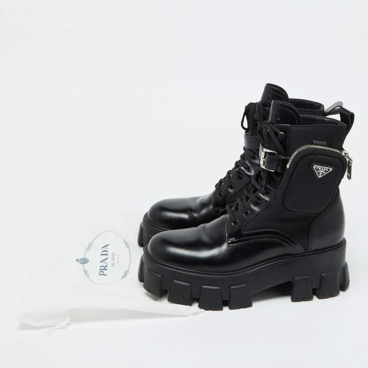 Pre Owned Prada Black Leather and Nylon Monolith Ankle Boots Size 38.5