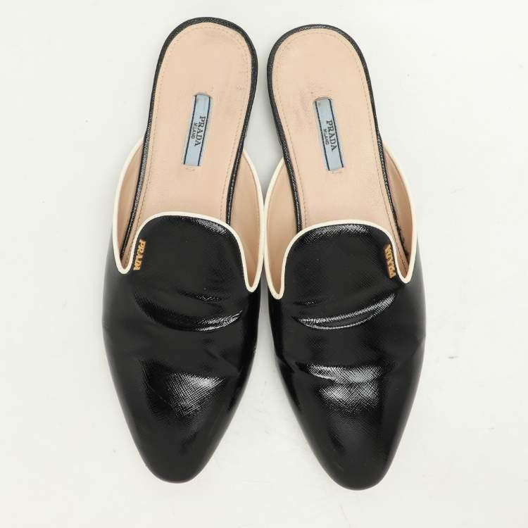 Pre Owned Prada Black Saffiano Patent Leather Mules Size 43
