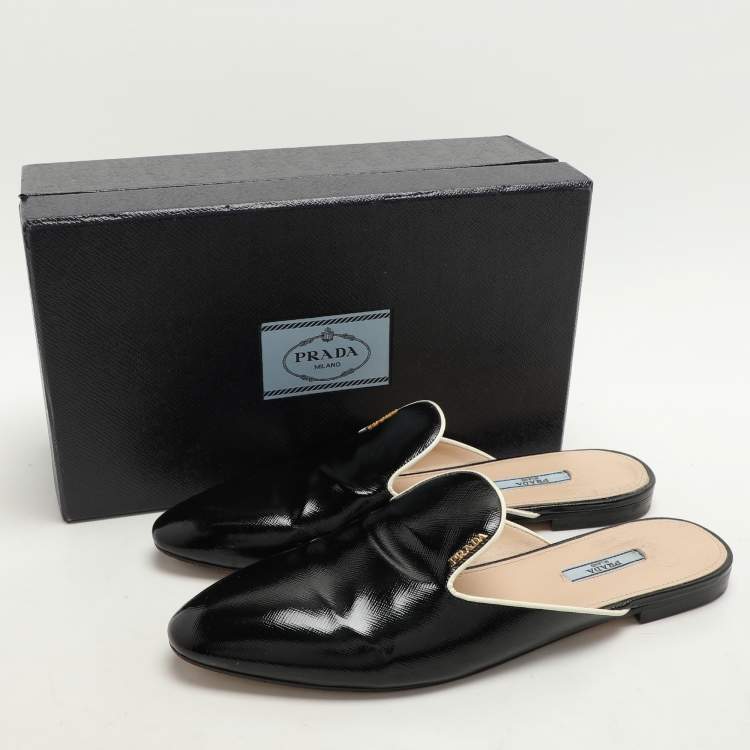 Pre Owned Prada Black Saffiano Patent Leather Mules Size 43