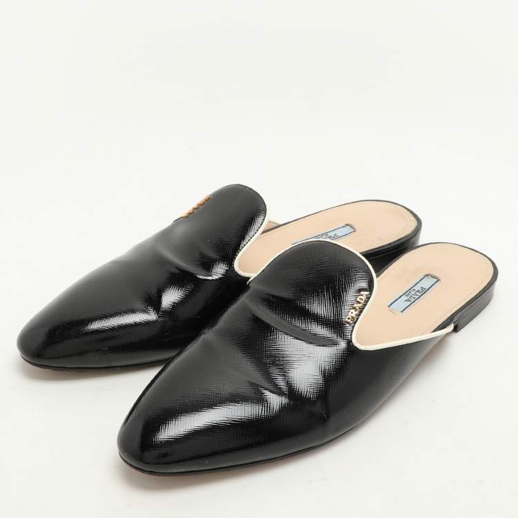 Pre Owned Prada Black Saffiano Patent Leather Mules Size 43