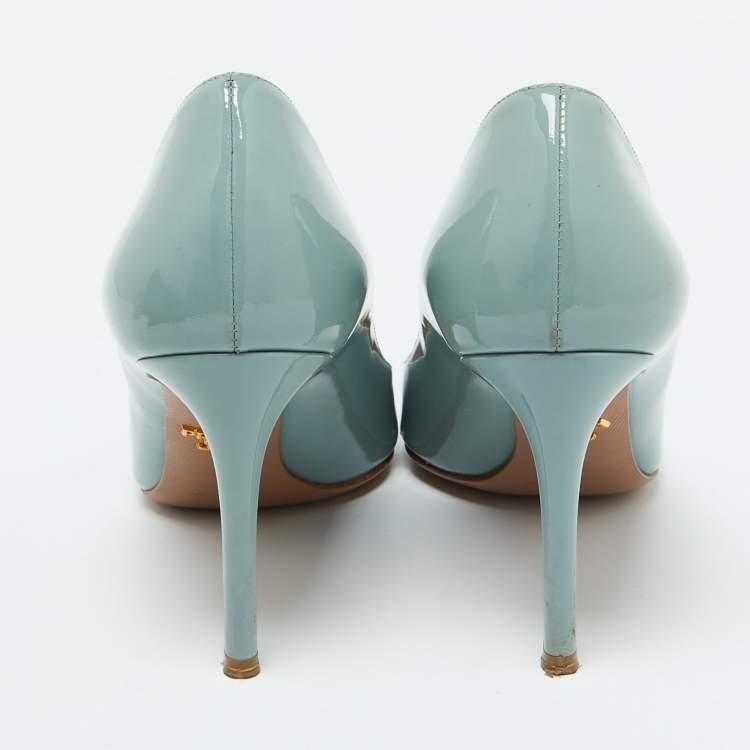 Pre Owned Prada Pastel Blue Patent Leather Pointed Toe Pumps Size 38.5