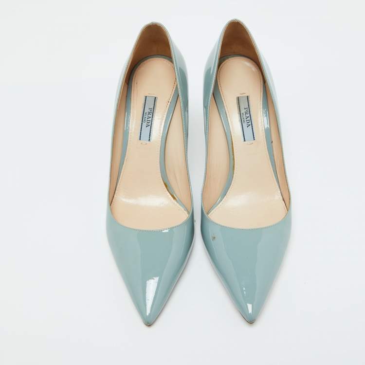 Pre Owned Prada Pastel Blue Patent Leather Pointed Toe Pumps Size 38.5