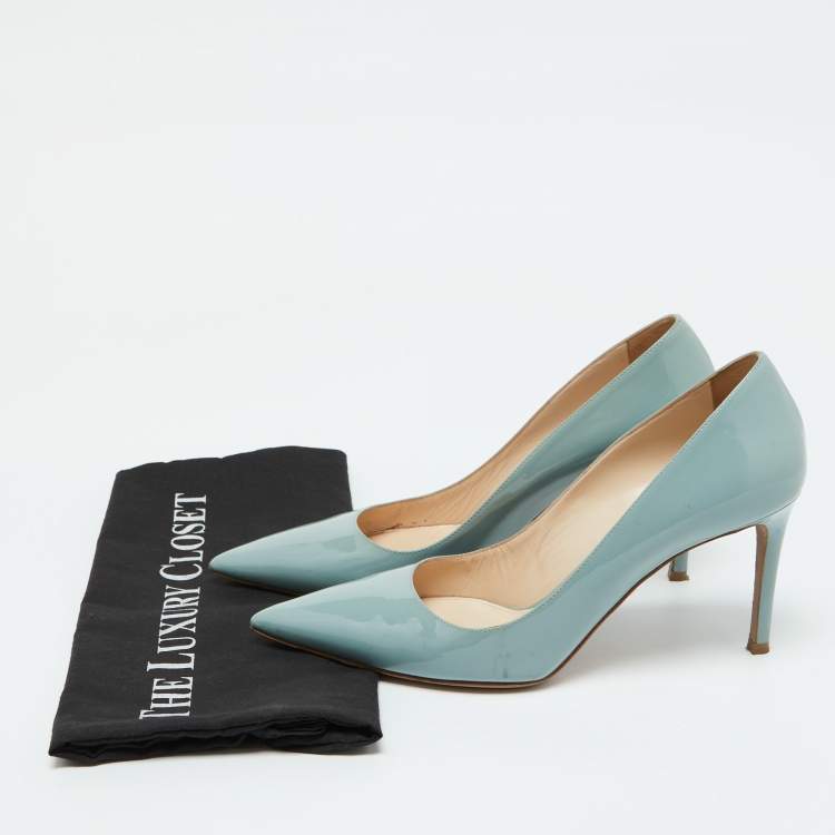 Pre Owned Prada Pastel Blue Patent Leather Pointed Toe Pumps Size 38.5