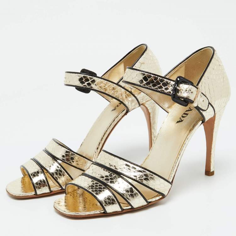 Pre Owned Prada Metallic Gold Snakeskin Ankle Strap Sandals Size 39