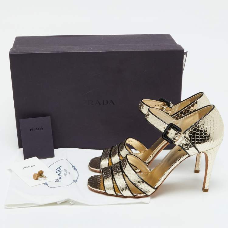 Pre Owned Prada Metallic Gold Snakeskin Ankle Strap Sandals Size 39