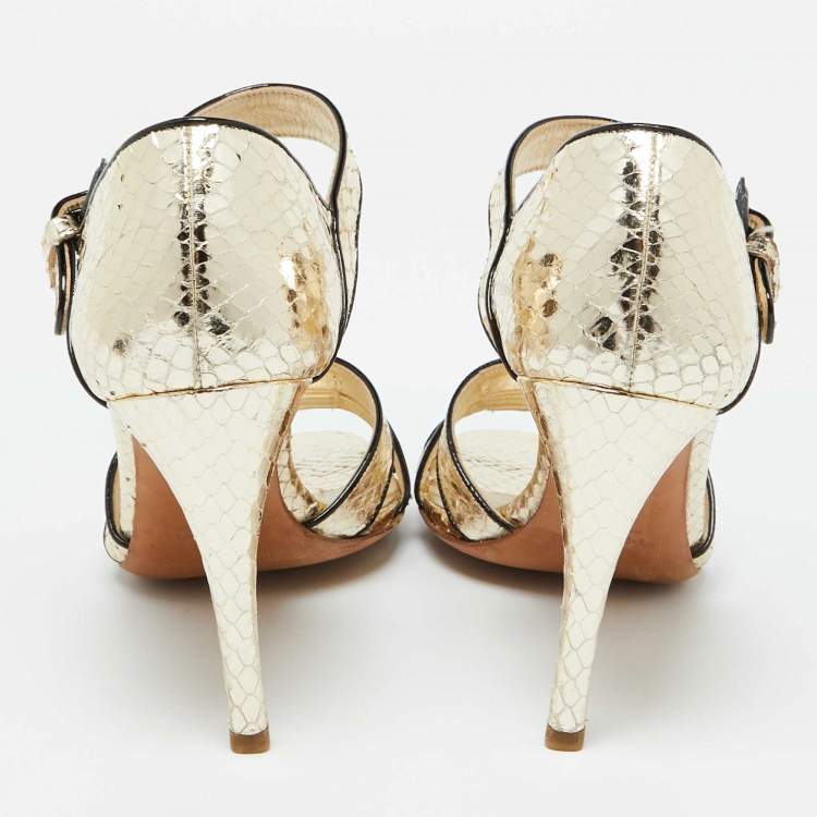 Pre Owned Prada Metallic Gold Snakeskin Ankle Strap Sandals Size 39