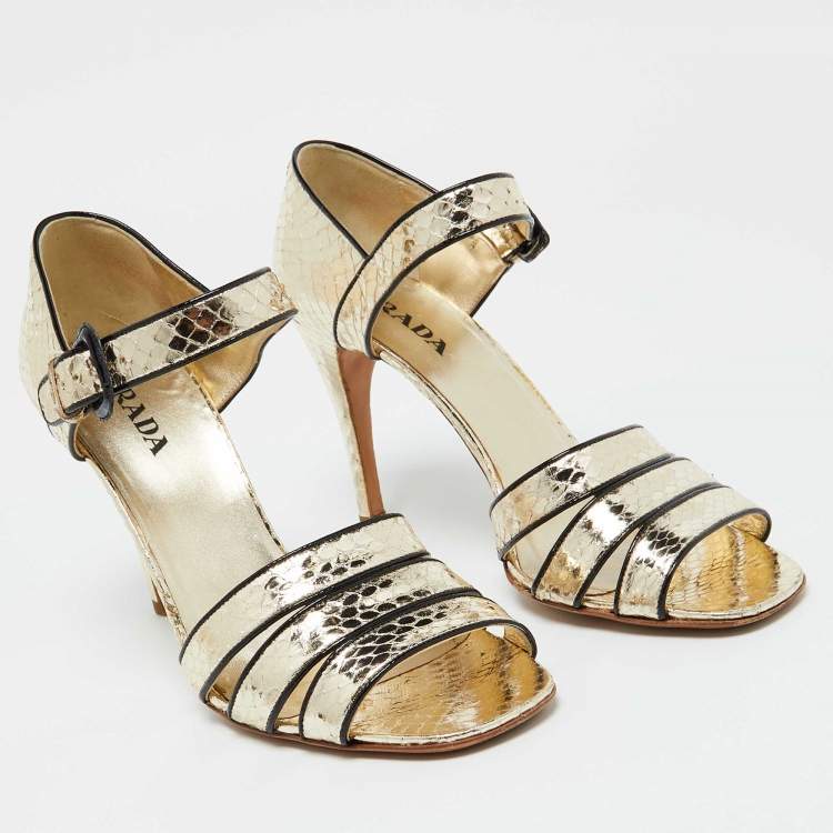Pre Owned Prada Metallic Gold Snakeskin Ankle Strap Sandals Size 39