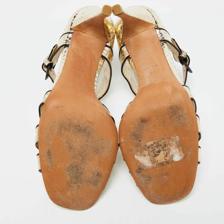 Pre Owned Prada Metallic Gold Snakeskin Ankle Strap Sandals Size 39