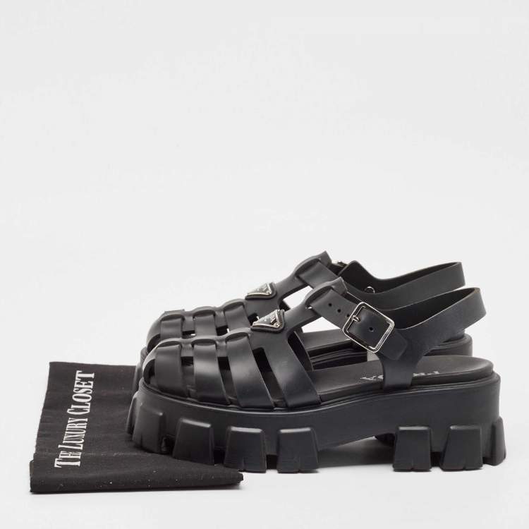 Pre Owned Prada Black Rubber Monolith Ankle Strap Sandals Size 39